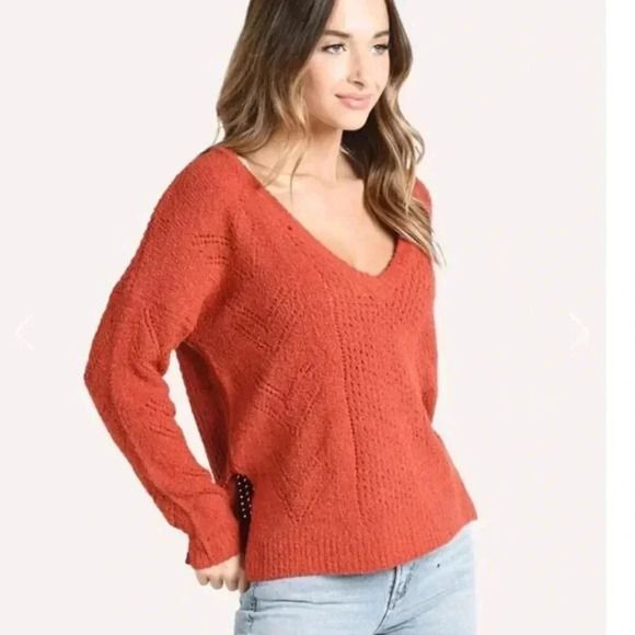 Cupcakes and Cashmere Soft V-Neck Drop Needle Sweater Burnt Orange L - Picture 2 of 11